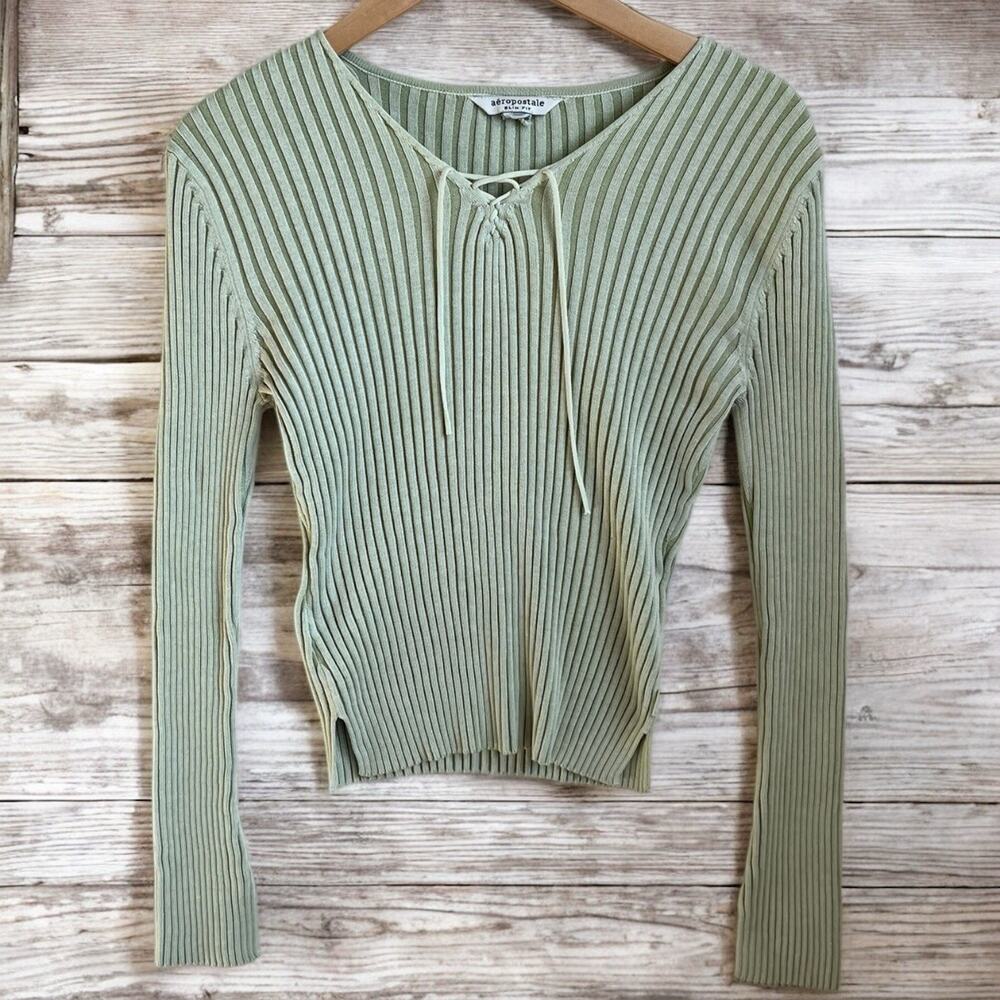 Aeropostale Shirt Women Green Ribbed Cropped Y2K Minimalist Ribbed Slim Fit READ